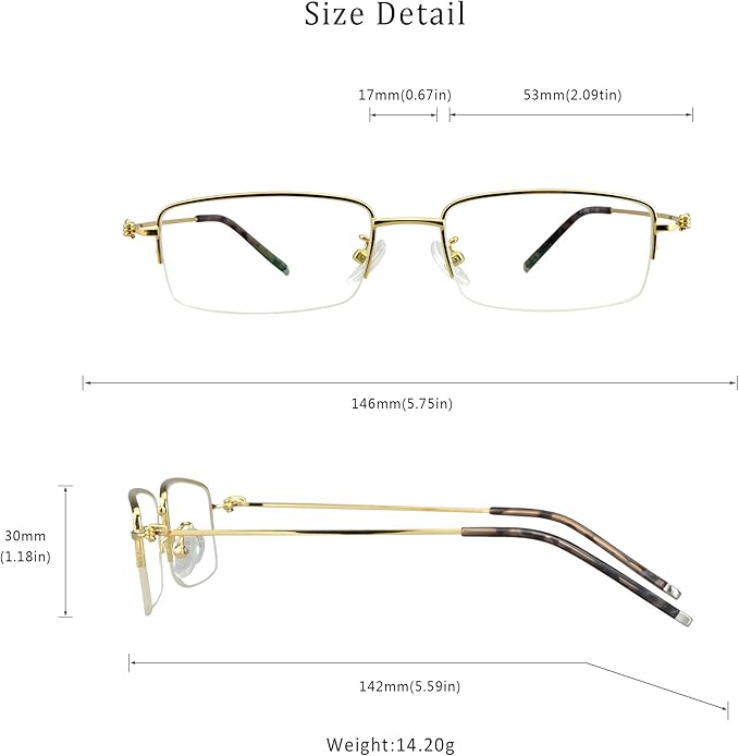 LifeArt Alloy Semi-Rimless Reading Glasses,Blue Light Blocking Glasses, Anti Eyestrain, Computer Gaming Glasses, TV Glasses for Women Men, Anti Glare (Golden, +0.00 Magnification)