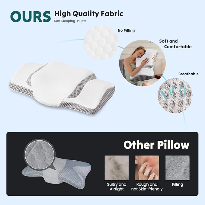 Sweetcrispy Cervical Pillow for Neck and Shoulder,Contour Memory Foam Pillow,Ergonomic Neck Support Pillow for Side Back Stomach Sleepers with Pillowcase, White & Grey