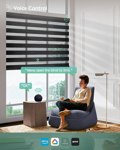 Yoolax Motorized Zebra Blinds Works with Alexa, Motorized Blinds with Remote Custom Size, Privacy Electric Zebra Shades for Windows (95% Shading Carbon Black)