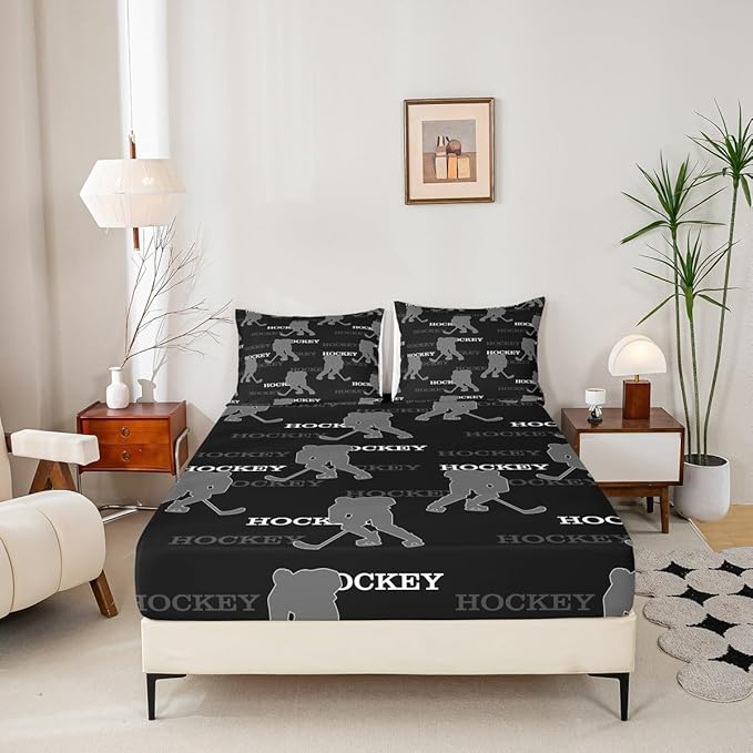 Manfei Ice Hockey Kids Sheet Queen Size, Easy Wash Bedding Set,Winter Sports Modern Kids Room Decor,Black Gray Sheet(Fitted+Flat+2 Pillowcases)