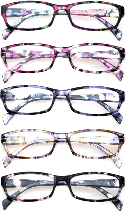 Kerecsen Reading Glasses 5 Pairs Fashion Ladies Readers Spring Hinge with Pattern Print Eyeglasses for Women (Mix Color -2, 3.50)