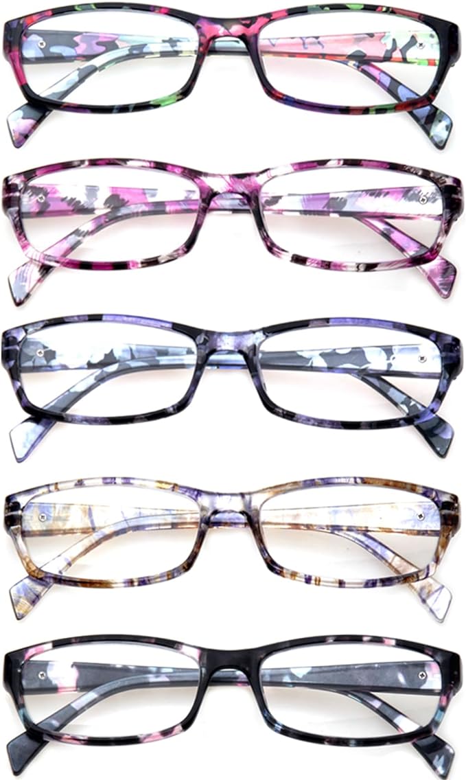 Kerecsen Reading Glasses 5 Pairs Fashion Ladies Readers Spring Hinge with Pattern Print Eyeglasses for Women (Mix Color -2, 1.50)