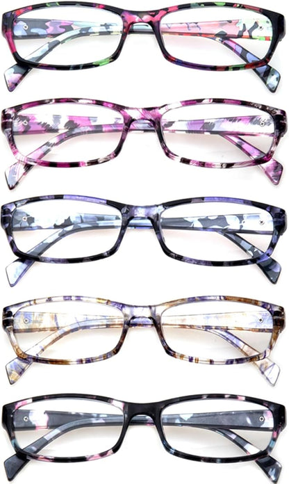 Kerecsen Reading Glasses 5 Pairs Fashion Ladies Readers Spring Hinge with Pattern Print Eyeglasses for Women (Mix Color -2, 1.75)