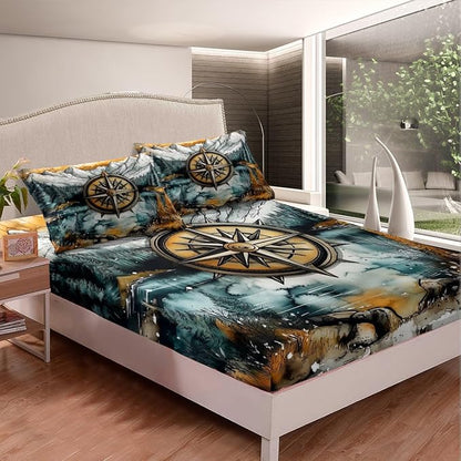Compass Kids Fitted Sheet Twin Size,Mountain River Natural Scenery Retro Bedding Set,Boys Girls Room Decor,Lake House Fishing Adventure Camping Bed Cover,Green Bed Sheet,1 Pillowcase(No Top Sheet)