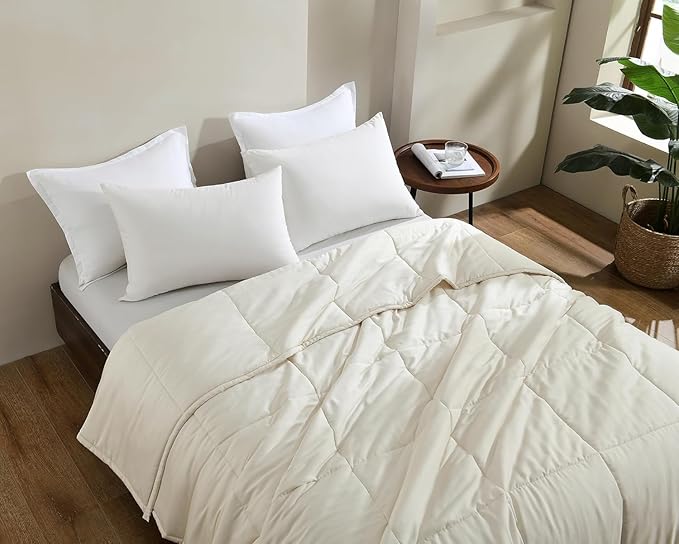 NATUREFIELD Lightweight Bamboo Quilt Queen Size – Cooling Summer Comforter Only, Rayon from Bamboo Cover, Breathable Box Stitch Spring Bedding with 200g Fill (125 GSM), 90x90 Inch, Beige