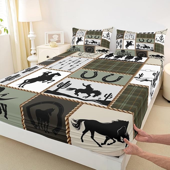 Western Cowboy Kids Sheet King Size,Cactus Arrow Geometric Plaids Bedding Set,Boys Girls Adults Room Decor,Horseshoes Rustic Farmhouse Camo Retro Bed Sheet Set 4pcs(Fitted + Flat + 2 Pillowcases)