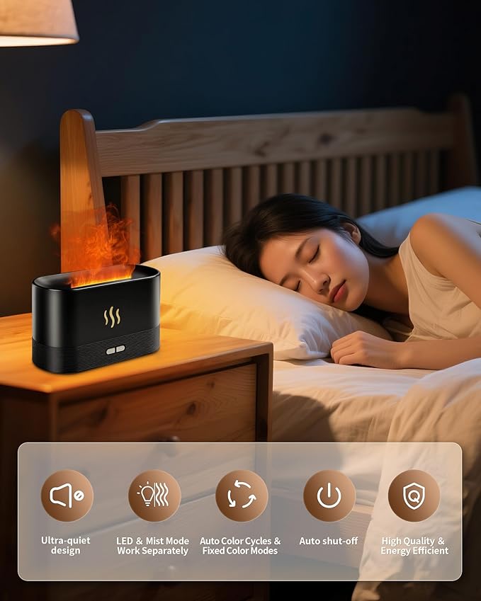 Flame Effect Essential Oil Diffuser, 180ml Ultrasonic Aromatherapy Humidifier, 7 Color Changing Lights with Ultra Quiet, Auto Shut-Off, Valentine's Day Gift for Bedroom Home Office and Yoga (Black)