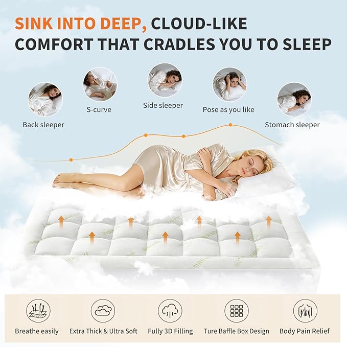 NEWBULIG Twin XL Mattress Topper Viscose Derived from Bamboo, Thick Pillow Top Mattress Pad with Stretchable Pockets, Soft Mattress Topper for Back Pain Relief