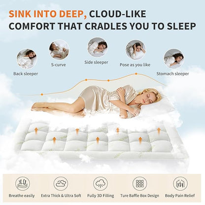 NEWBULIG Twin XL Mattress Topper Viscose Derived from Bamboo, Thick Pillow Top Mattress Pad with Stretchable Pockets, Soft Mattress Topper for Back Pain Relief