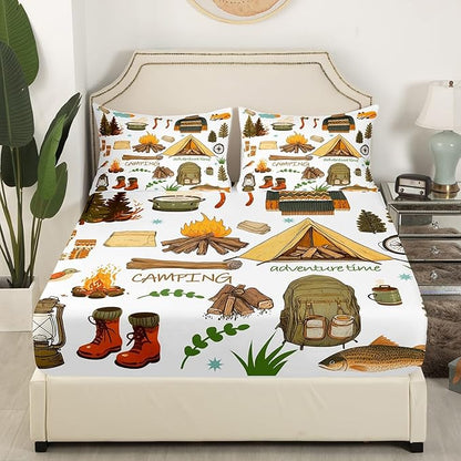 Happy Camping Kids Fitted Sheet Twin Size,Camper Equipment Tent Campfire Boots Bedding Set,Boys Girls Room Decor,Outdoor Adventure Time Bed Cover,Brown White Bed Sheet,1 Pillowcase(No Top Sheet)