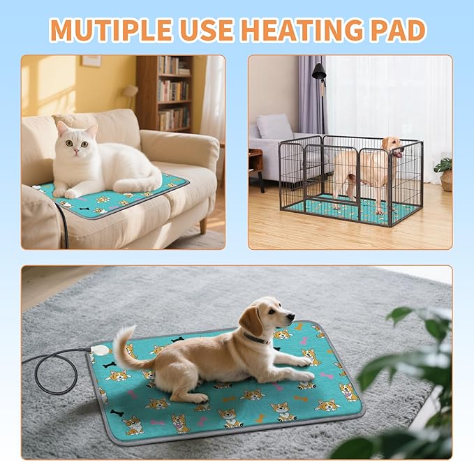 Dog Heating Pad 28x18 in with Thermostat, Heated Cat Bed Mat, Adjustable Temperature&Timer, Waterproof Cat Bed with Chew Resistant Cord