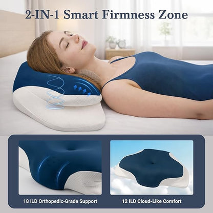 Cervical Neck Support Pillow for Sleeping, Two Heights Memory Foam Ergonomic Contour Pillow, Side Sleeper Pillow for Neck and Shoulder Pain Relief (Blue& White)