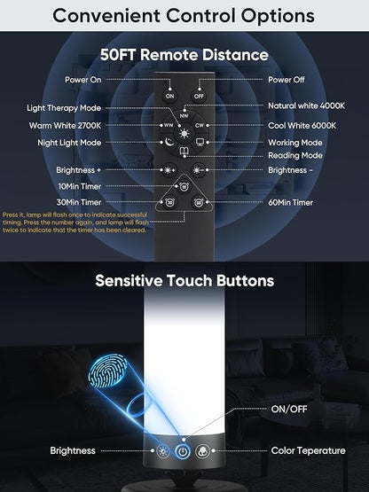 Light Therapy Lamp 10,000 Lux Happy Therapy Light with Remote, 2-in-1 Pedestal to Tabletop Lighting, Full Spectrum Daylight Lamp with Adjustable Color/Brightness/Timer, Memory Function, 24W