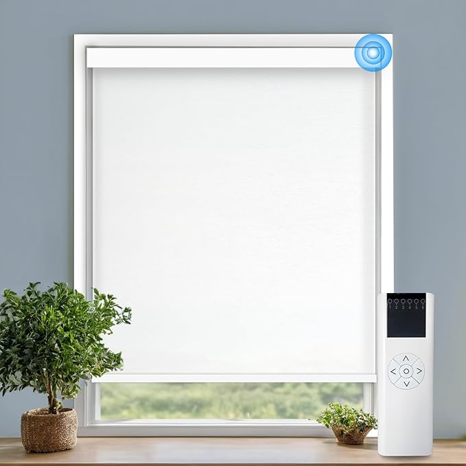 Motorized Blinds with Remote Cordless Automatic Motorized Shades Custom Blinds for Windows Smart Curtains Compatible with Alexa Google Home(Light Filtering Jacquard White,W28 x H72in)