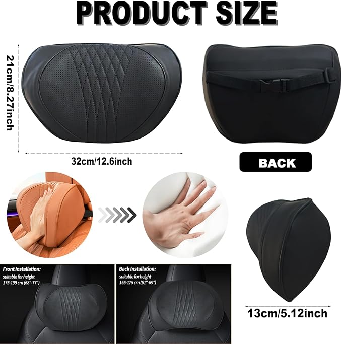 Car Neck Pillow 2-Pack - Premium Memory Foam Headrest with Soft Nappa Leather Feel, Ergonomic Support for Long Drives, Fits Most Vehicles (2, Black)