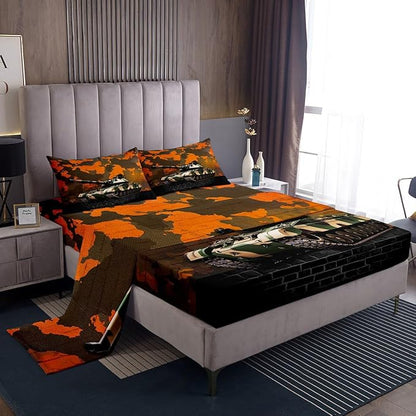 Manfei Tank Sheet Set Queen Size, Orange Camouflage Wall Print Bedding Set for Kids Boys Teens Adults, Camo Vintage Style Bed Sheet Set 4pcs with Deep Pocket Fitted Sheet + Flat Sheet + 2 Pillowcases