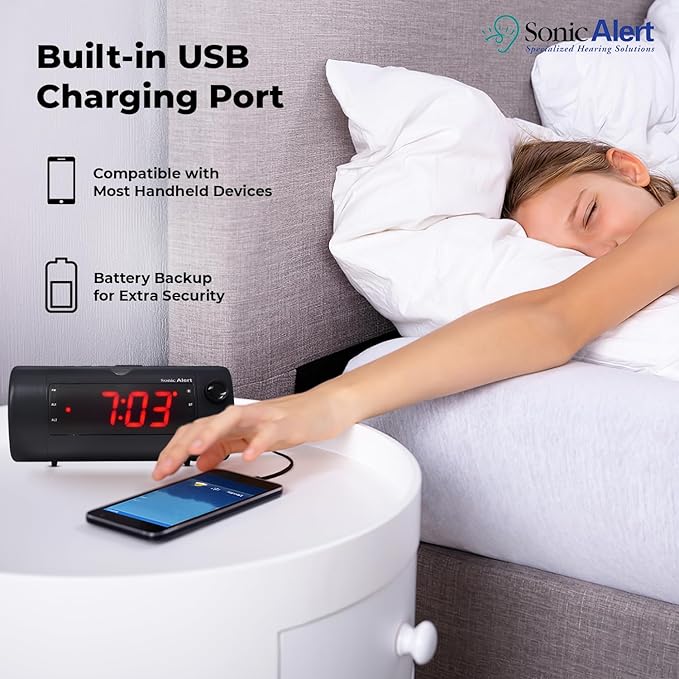 Sonic Blast Digital Alarm Clock – Alarm Clock for Heavy Sleepers – Projection Alarm Clock – Android & iOS Compatible - Bluetooth Speaker, USB Port – AUX Compatible