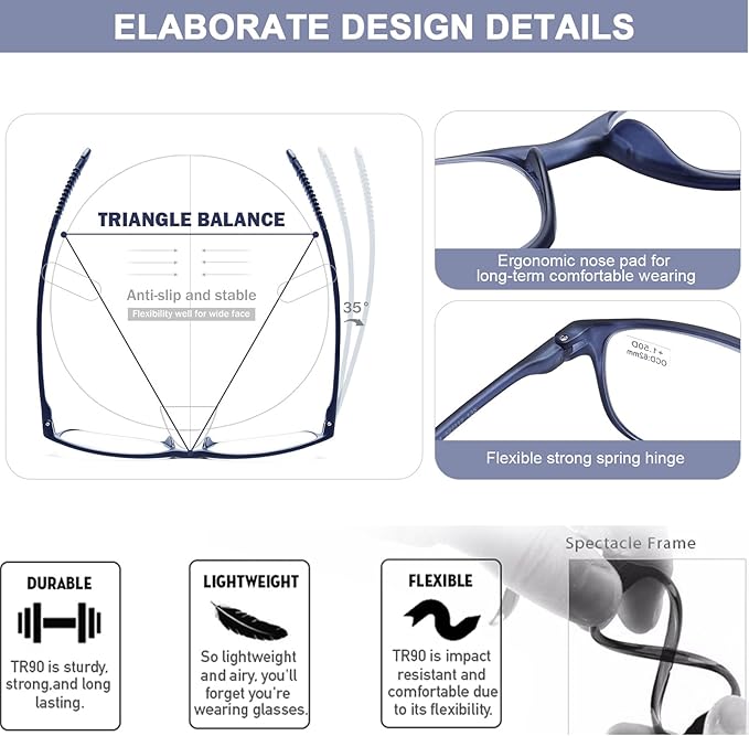 AQWANO 3.5 Reading Glasses for Men Women, Blue Light Blocking Computer Readers, 4 Pack TR90 Flexible Unbreakable Frames Lightweight Cheaters