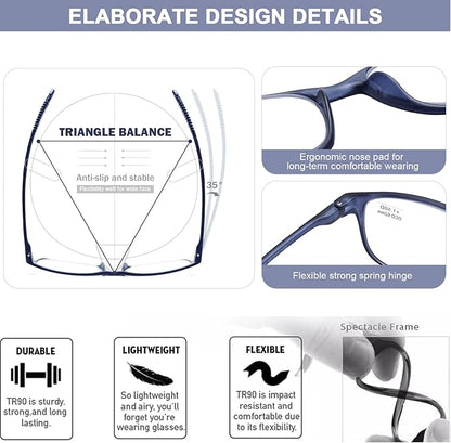 AQWANO Reading Glasses for Men Women, Blue Light Blocking Computer Readers, 4 Pack TR90 Flexible Unbreakable Frames Lightweight Cheaters