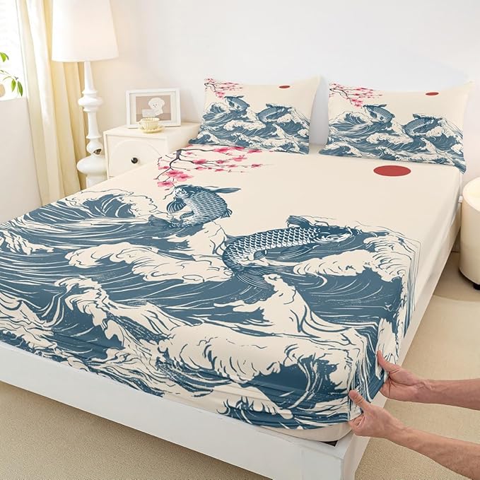 Waves Sheet Set Twin,Koi Cherry Blossom Sunrise Bed Sheet 3pcs with Deep Pocket Fitted Sheet + Flat Sheet + 1 Pillowcase Japanese Art Landscape Romantic Natural Bedding Set for Kids Teens Room Decor