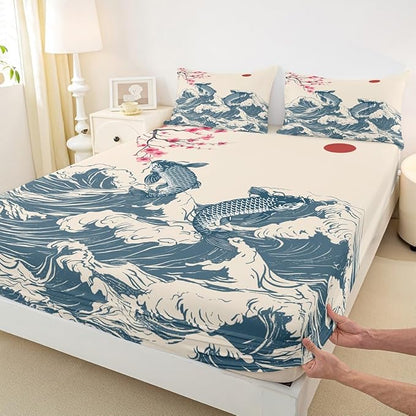 Waves Sheet Set Twin,Koi Cherry Blossom Sunrise Bed Sheet 3pcs with Deep Pocket Fitted Sheet + Flat Sheet + 1 Pillowcase Japanese Art Landscape Romantic Natural Bedding Set for Kids Teens Room Decor