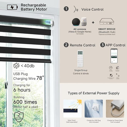 Motorized Zebra Blinds, Cordless Blackout Window Shades with Remote, Custom Dual Layer Smart Roller Shades with Alexa Google Assistant, Automatic Light Filtering Blinds,Luxury Black