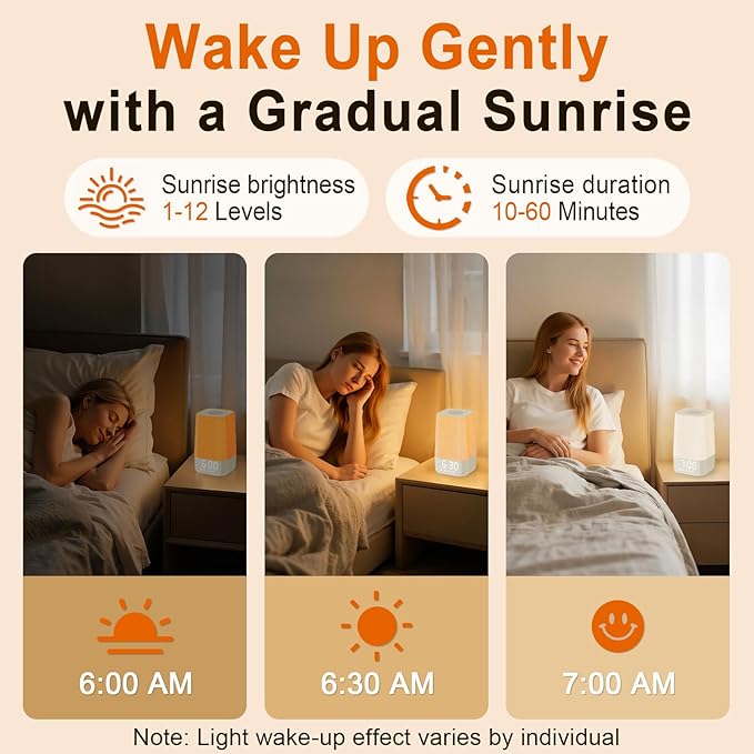 White Noise Sound Machine: 30 Soothing Sounds, Sunrise Alarm Clock for Gentle Wake Up, Adjustable Volume & Night Light, Timer - Easy to Sleep, Relax, Focus