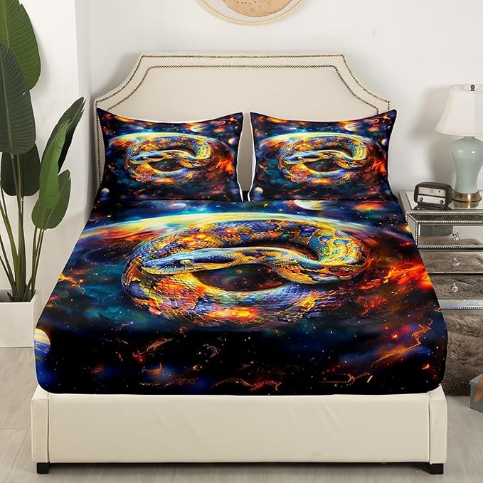 Snake Fitted Sheet Twin Size,Starry Sky Galaxy Nebula Planets Trippy Bedding Set,Boys Girls Room Decor,Reptile Animals Outer Space Mystical Bed Cover,Watercolor Bed Sheet,1 Pillowcase