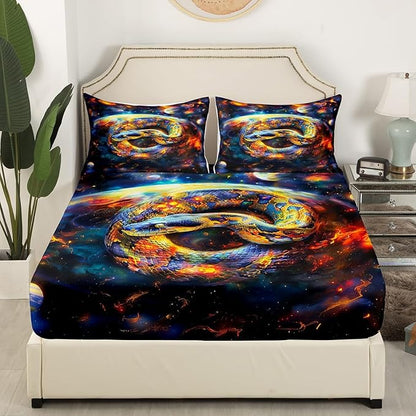 Snake Fitted Sheet Twin Size,Starry Sky Galaxy Nebula Planets Trippy Bedding Set,Boys Girls Room Decor,Reptile Animals Outer Space Mystical Bed Cover,Watercolor Bed Sheet,1 Pillowcase