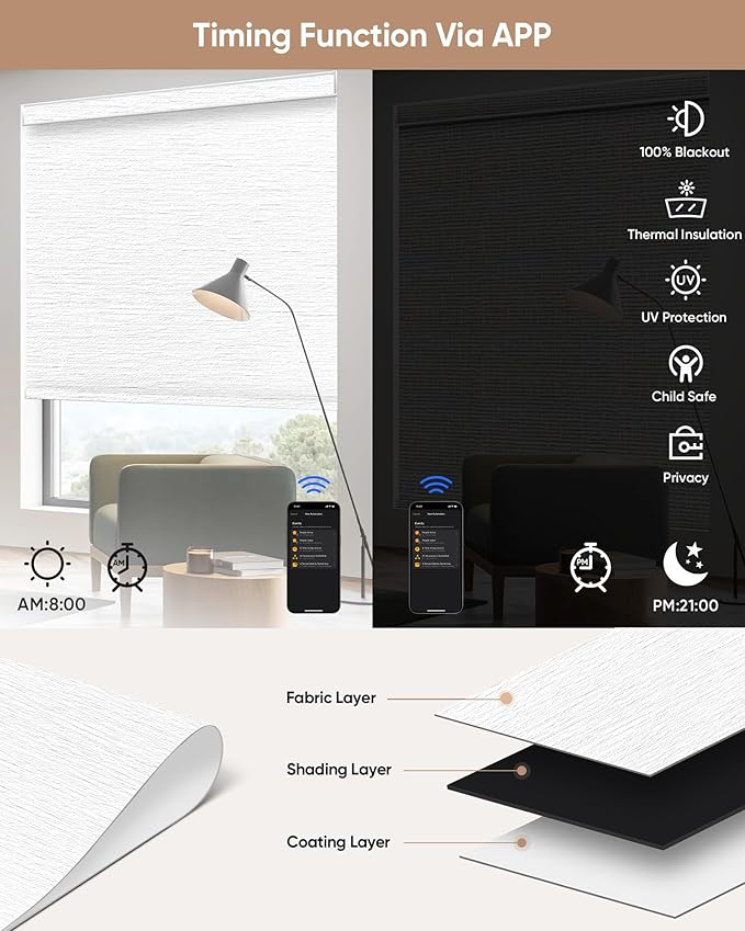 Kincmo Motorized Blinds with Remote,100% Blackout Motorized Roller Shades Work with Apple Homekit,Alexa,Google, Custom Electric Blinds with App,Voice Control (Atlantic White)