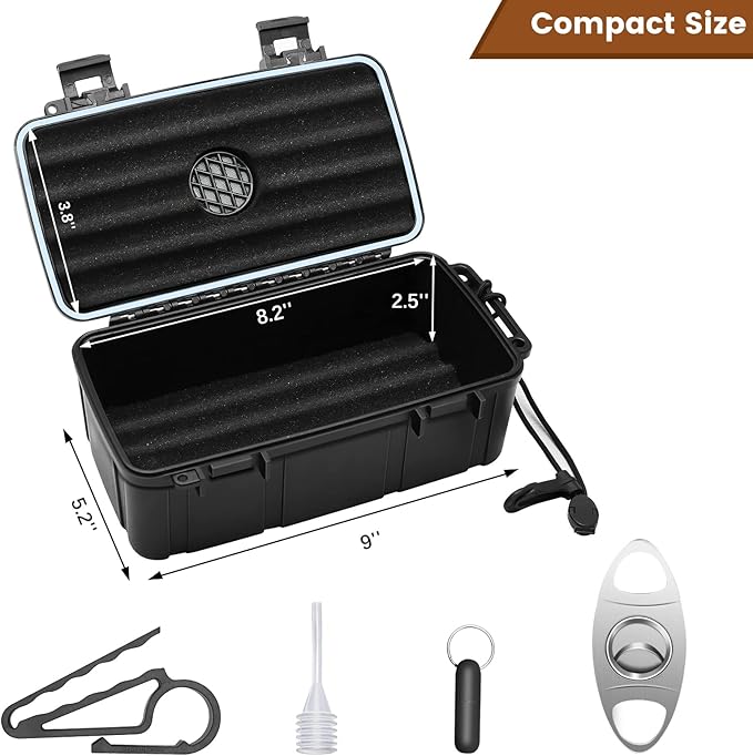 Flauno Travel Cigar Humidor - Portable Cigar Case kit with Cigar Cutter, Cigar Punch, Cigar Holder, Humidifier & Dropper, Waterproof, Crushproof, Airtight (Holds up to 15 Cigars)