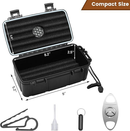 Flauno Travel Cigar Humidor - Portable Cigar Case kit with Cigar Cutter, Cigar Punch, Cigar Holder, Humidifier & Dropper, Waterproof, Crushproof, Airtight (Holds up to 15 Cigars)