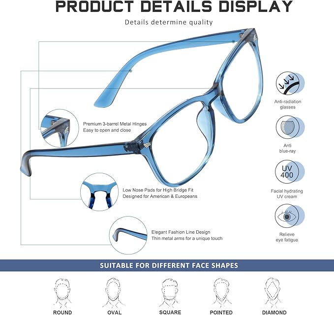 Reading Glasses for Women Men - Blue Light Blocking UV Filter Readers, Anti Eyestrain Eyeglasses