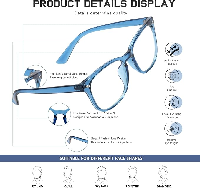 Reading Glasses for Women Men - Blue Light Blocking UV Filter Readers, Anti Eyestrain Eyeglasses