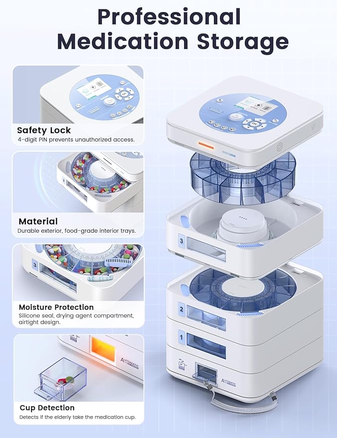 56-Day(1X) Automatic Pill Dispenser (Expandable Tray) – App & On-Device Setup by Family, LCD Display, Digital Lock, Sound & Light Alerts –Safe Medication Organizer for Dementia Seniors (4-Tray, White)