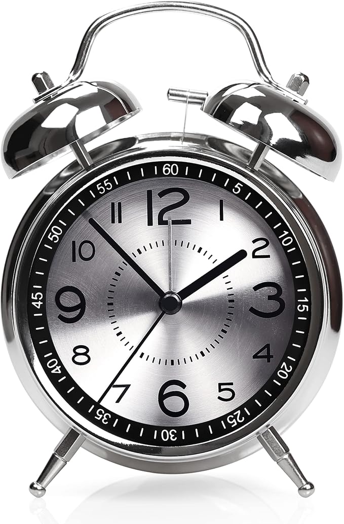Super Loud Alarm Clock for Heavy Sleepers Adults,Twin Bell Retro 4 Inch Silent Non-Ticking Quartz with Backlight, Metal dial, Alarm Clocks for Bedrooms Bedside (Gray)