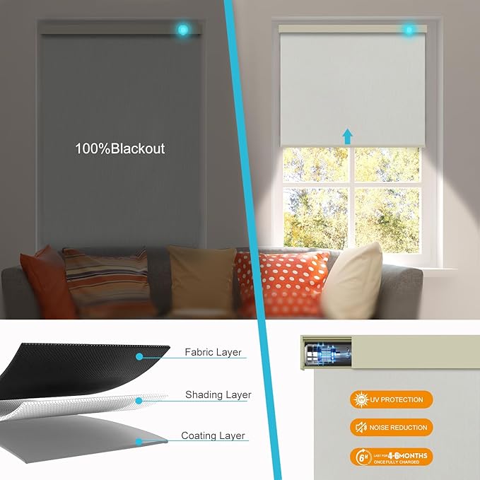 Motorized Blinds with Remote, Smart Blind Roller Shades Compatible with Alexa, Durable Rechargeable Battery Solar Power Electric Window Blinds Motorized Shades Customized Size (Pure Beige)