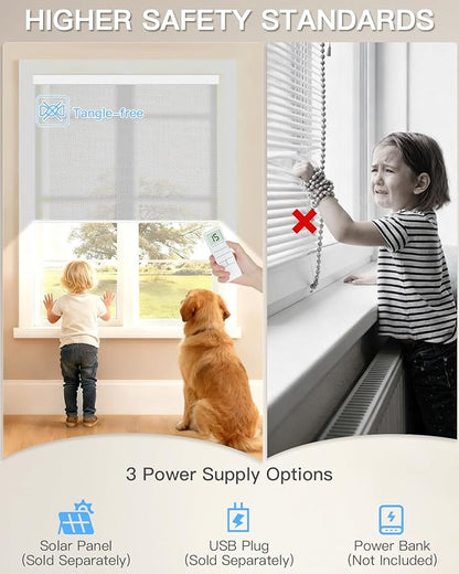 Motorized Solar Roller Shades with Remote Control, Light Filtering Smart Blinds for Windows Work with Alexa Google via Hub, Rechargeable Electric Shade Customized Size (Fireproof Silver)