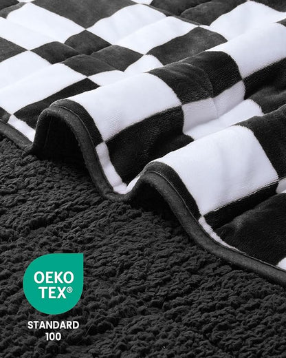 Weighted Blanket for Adults, 20lbs Sherpa Flannel Weighted Blanket Queen Size, Soft Fluffy Fleece Checkerboard Weighted Blankets for Calming and Relax, Plaid Black, 60" x 80"