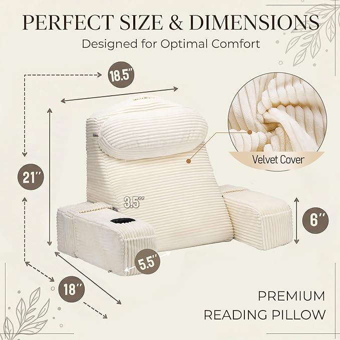 AS AWESLING Reading Pillow for Adults, Back Pillow for Bed Sitting Up, Backrest Pillow for Sitting in Bed, Detachable Arms with Built-in Cup & Phone Caddy (Beige-Corduroy, 21 INCH)