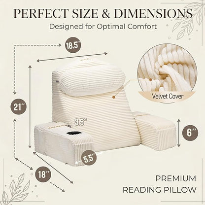 AS AWESLING Reading Pillow for Adults, Back Pillow for Bed Sitting Up, Backrest Pillow for Sitting in Bed, Detachable Arms with Built-in Cup & Phone Caddy (Beige-Corduroy, 21 INCH)