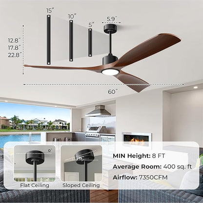 Ceiling Fans with Lights, Ceiling Fans with Lights and Remote, 60 inch Modern Smart Ceiling Fan with Light, Outdoor Ceiling Fans for Patios 3 Blade Bedroom Living Room Porch(Dark Walnut)