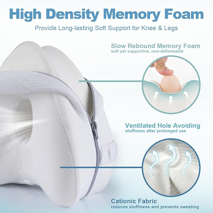Knee Pillow for Side Sleepers, Leg Pillow for Sleeping, Knee Pillow with Strap, Alignment Pillow Between Legs, Suitable for Relieving Leg, Back & Knee Pain, Machine Washable (White)