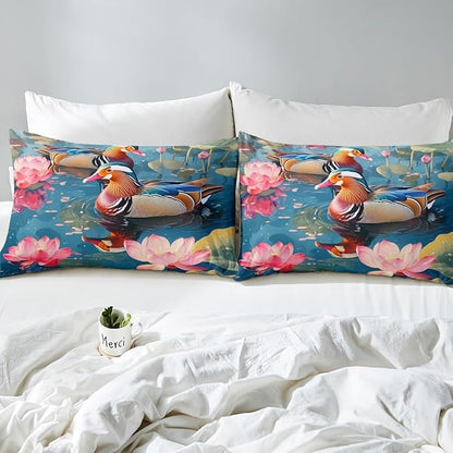 Manfei Rustic Duck Fitted Sheet Set with 2 Pillowcases,3D Print Lake House Farmhouse Animal Bed Sheet Teens,Pink Lotus Botanical Leaves Natural Top Flat Sheet Luxury Microfiber,Queen Size