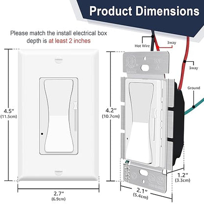 Dimmer Light Switch,Greencycle 2PK Single Pole/3 Way Dimmer Switch for Dimmable 150W LED CFL Light,600W Halogen and Incandescent,15A 120V,Neutral Wire Not Required,Residential/Commercial,ETL Listed
