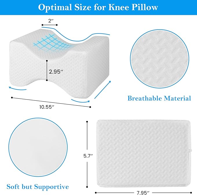 BlissTrends Memory Foam Knee Pillow, Knee Pillow for Side Sleepers, Leg Pillows for Sleeping Blood Circulation, Elevation Pillow for Spine Aligning, Sciatica, Back, Hip, Knee, Ankle Pain, White