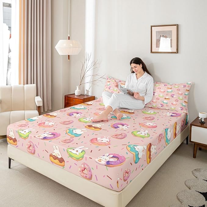 Kawaii Rabbit Bed Sheet Queen Size Doughnut Dessert Happy Easter Bedding Set Cute Cartoon Animal Fitted Sheet Kids Boys Girls Room Decor Pink Colorful Soft Sheets with 2 Pillowcase,No Top Flat