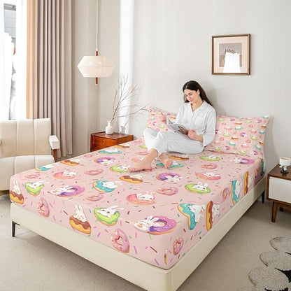 Kawaii Rabbit Bed Sheet Twin Size Doughnut Dessert Happy Easter Bedding Set Cute Cartoon Animal Fitted Sheet Kids Boys Girls Room Decor Pink Colorful Soft Sheets with 1 Pillowcase,No Top Flat