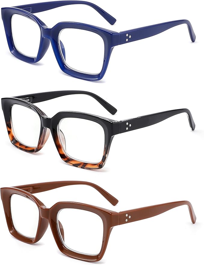 3 Pack Oversize Square Design Reading Glasses for Women, Blue Light Blocking Reader (Black&Blue&Coffee, 2.0)