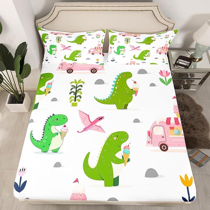 Summer Ice Cream Truck Fitted Bottom Sheet Twin Size,Kawaii Dinosaur Animals Sheet Set Soft Polyester Bedding,Rustic Flowers Dino Wildlife Bed Cover(1 Fitted Sheet+1 Pillow Case)